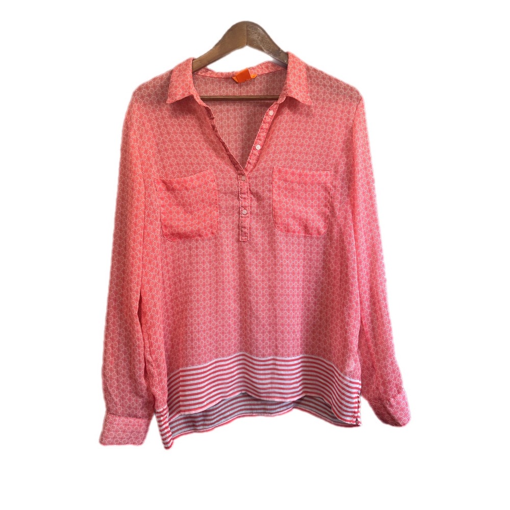 Joe Fresh‎ Henley Blouse Womens XL Coral Pink Geometric Striped Excellent Top